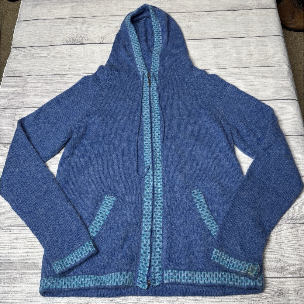 The Alpaca Connection Womens Boho Zip Hoodie Sweater Blue Turquoise Size Medium